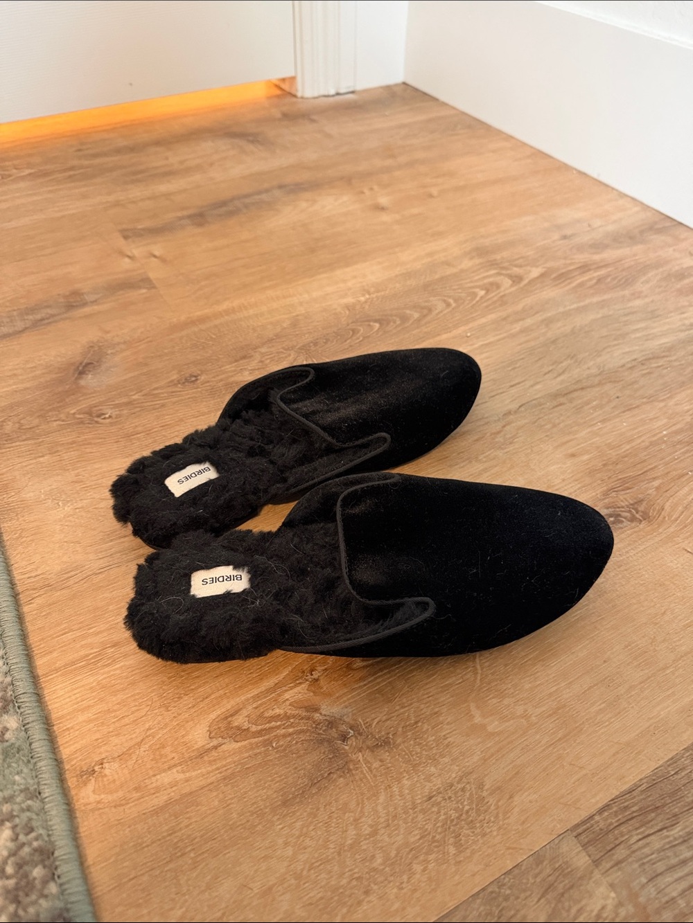 Birdies Black Velvet Shearling-Lined Slip-On Mules